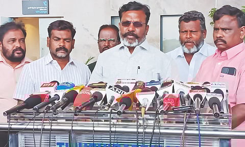VCK chief Thirumavalavan addressing media on Tuesday