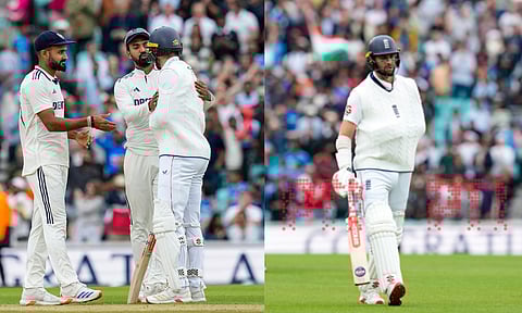 India's KL Rahul and Akash Deep interact with England's Chris Woakes following India's victory in the fifth Test match against England, at The Oval cricket ground. The series ended in a 2-2 draw. (PTI)