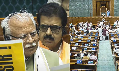 Union Minister of Housing and Urban Affairs Manohar Lal speaks amid a protest by opposition MPs in the Lok Sabha during the Monsoon session of Parliament, in New Delhi (PTI)