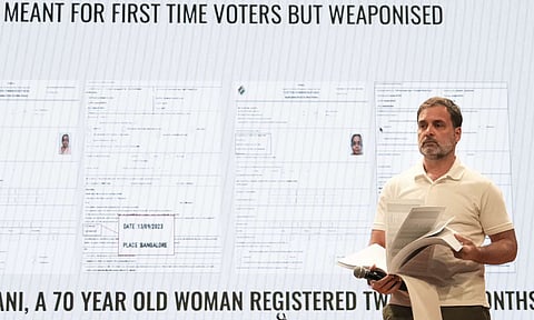 LoP in the Lok Sabha and Congress MP Rahul Gandhi during a press conference, at AICC HQ, in New Delhi, Thursday, Aug. 7, 2025 (PTI) 