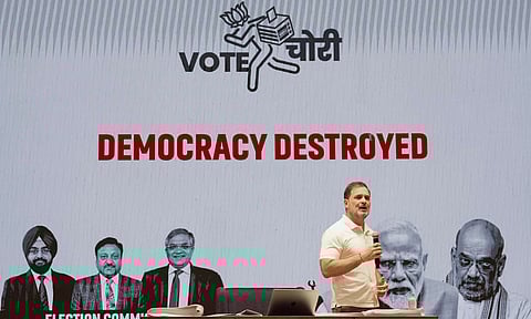 LoP in the Lok Sabha and Congress MP Rahul Gandhi addresses a press conference, at AICC HQ, in New Delhi, Thursday, Aug. 7, 2025 (PTI) 