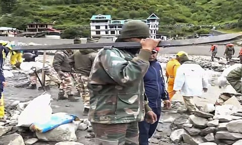 Search and rescue operation underway following flash floods triggered by a cloudburst, at Dharali, in Uttarkashi, Thursday, Aug. 7, 2025 (PTI) 