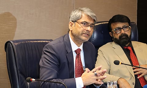 AIFF president Kalyan Chaubey speaks to the media after the meeting 