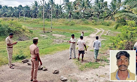 Police personnel at the spot where the accused was shot dead; M Manikandan (inset)