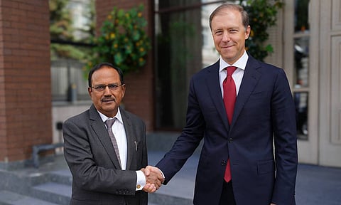 National Security Advisor Ajit Doval with Russia's First Deputy Prime Minister Denis Manturov during a meeting, in Russia (PTI) 