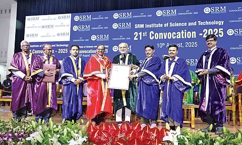 Maharashtra Governor CP Radhakrishnan presents ISRO chief with honorary degree, during 21st convocation of SRMIST, on Sunday