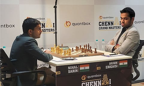 Nihal Sarin & Arjun Erigaisi during Masters Round 4 of the Quantbox Chennai Grand Masters 