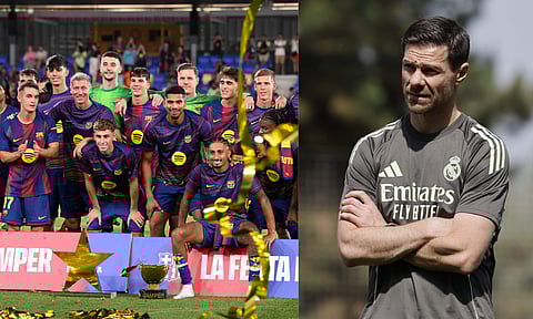 Barcelona players celebrate after winning Gamper trophy earlier this week and Coach Xabi Alonso
