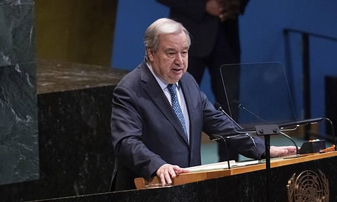 United Nations Secretary General Antonio Guterres speaks during a high-level International Conference for the Peaceful Settlement of the Question of Palestine and the Implementation of the Two-State solution at United Nations Headquarters (AP Photo)