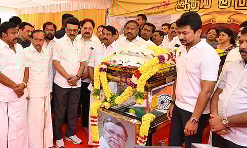 Chief Minister MK Stalin after paying tributes to the mortal remains of BJP leader and Nagaland Governor La Ganesan on Saturday