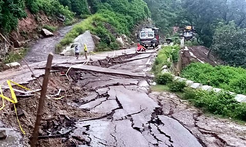 Damaged road following a cloudburst, in Kathua, Sunday, Aug. 17, 2025 (PTI) 