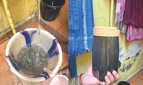 Water from the hand pump inside each house on Yacoob Garden Street in Pattalam is black