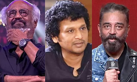 L to R: Rajinikanth, Lokesh Kanagaraj, Kamal Haasan 