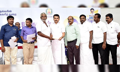 Karur MLA Senthilbalaji received petitions at the Ungaludan Stalin camp in Karur on Tuesday