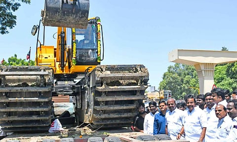 Minister of Municipal Administration, K N Nehru, commissioned amphibious excavator machines in Mambalam Canal, Saidapet, on Wednesday 