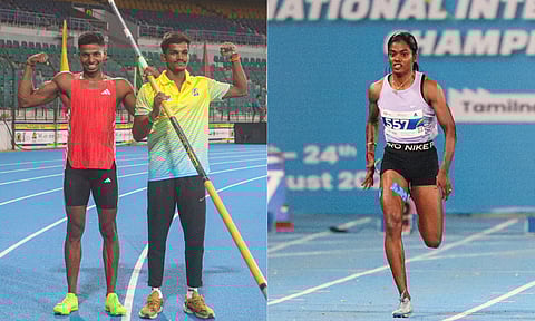 G Reegan and M Gowtham; Dhana Lakshmi during the 100m final 