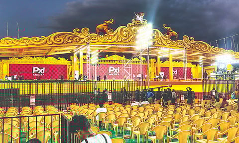 A huge dais has been set up at the TVK conference venue in Madurai for the Thursday's event