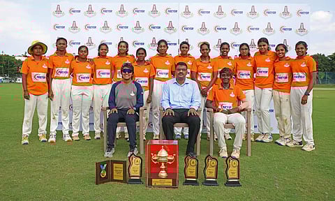 Winners of TNCA Women's Freyer Trophy One dayers 2025-26 (Orange Dragons) with the Chief Guest Mr. Karthik Prabhakaran (GM, Freyer International)