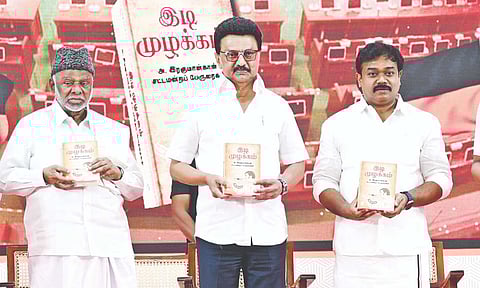 Chief Minister MK Stalin releasing books written by former minister Rahman Khan at Anna Arivalayam on Thursday 