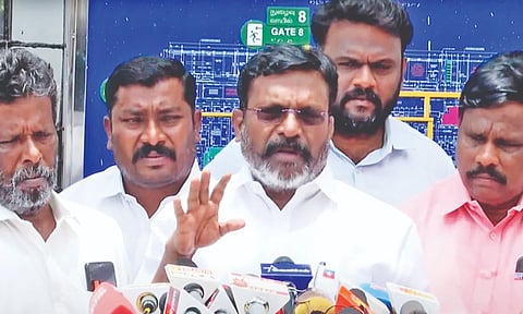 VCK chief Thirumavalavan addressing media persons along with Nellai honour killing victim Kavin’s father on Monday