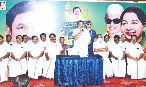 AIADMK general secretary Edappadi Palaniswami addressing members of farmers’ associations in Tiruchy on Monday