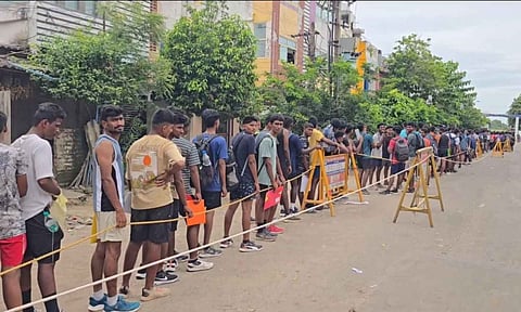Candidates from Andhra Pradesh and Telangana waiting outside Tambaram Air Force station on Wednesday 