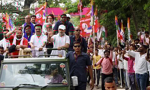 LoP in the Lok Sabha and Congress leader Rahul Gandhi, Tamil Nadu Chief Minister MK Stalin, LoP in the Bihar Legislative Assembly and RJD leader Tejashwi Yadav, CPI (ML) Liberation General Secretary Dipankar Bhattacharya, Congress leader Priyanka Gandhi Vadra, state party President Rajesh Ram during the 'Voter Adhikar Yatra', in Bihar (PTI) 