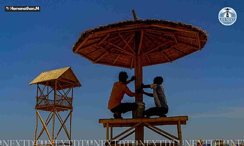 Eco-friendly shelters and watchtowers are rising at Marina Beach as part of the Blue Flag project — a global certification for clean, safe, and sustainable beaches. 