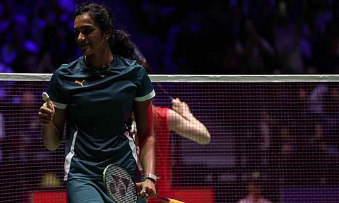 PV Sindhu celebrates after her victory 