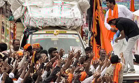 Supporters of activist Manoj Jarange Patil, who is on hunger strike demanding Maratha reservation, gather outside Chhatrapati Shivaji Maharaj Terminus to join his agitation, in Mumbai, Saturday, Aug. 30 (PTI) 