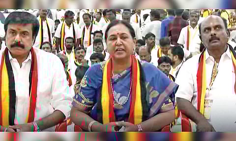 DMDK general secretary Premalatha Vijayakant addressing media persons in Chennai on Sunday 