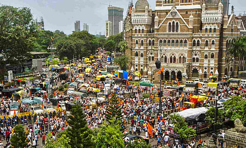 Maratha community members play a game of Kabaddi during their protest seeking reservation for the community under the Other Backward Classes (OBC) category, outside Chhatrapati Shivaji Maharaj Terminus (CSMT) in Mumbai, Monday, Sept. 1, 2025 (PTI) 