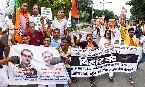BJP supporters during 'Bihar bandh' over the alleged use of abusive language against Prime Minister Narendra Modi and his mother during Congress leader Rahul Gandhi's 'Voter Adhikar Yatra' in Patna (PTI)
