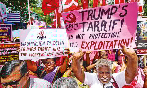 Left parties protesting against US President Trump for tariffs imposed on India, in Chennai on Friday