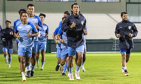 Indian players during a training session ahead of the match 