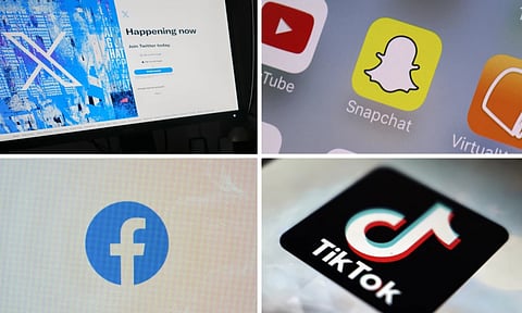 This combination of photos shows logos of X, formerly known as Twitter, top left; Snapchat, top right; Facebook, bottom left; and TikTok, bottom right (AP)