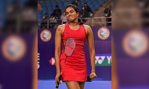  India's PV Sindhu reacts during women's singles quarterfinal match