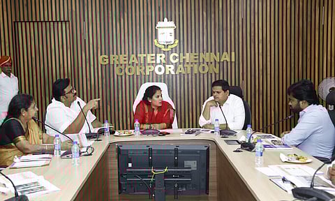 Mayor R Priya conducted a high-level review meeting at the Ripon Building complex on Friday 