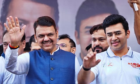 Maharashtra Chief Minister Devendra Fadnavis with Bharatiya Janata Yuva Morcha National President and MP Tejasvi Surya during the 'Namo Yuva Run: For A Nasha Mukt Bharat (PTI)