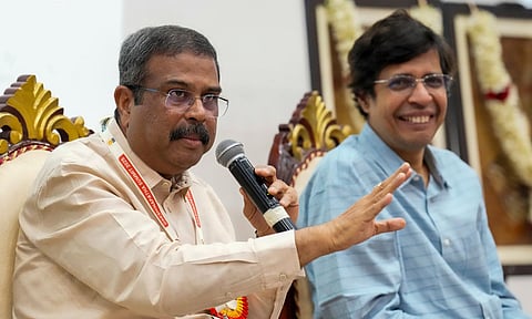 Union Education Minister Dharmendra Pradhan and IIT Madras Director Dr. V Kamakoti at the Think India Dakshinapatha Summit 2025. (PTI)