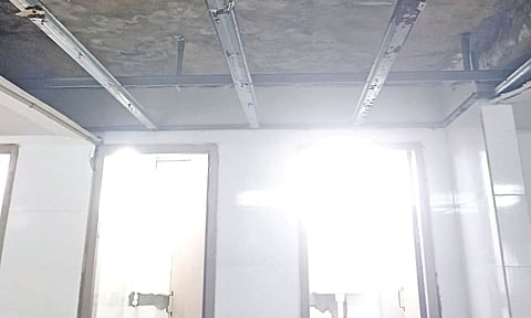 Damaged ceiling in 3rd floor washroom of interns’ hostel