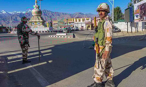 Security personnel patrol an area during a curfew after recent protests for statehood turned violent leaving four people dead and 90 others injured, in Leh, Ladakh, Friday, Sept. 26, 2025 (PTI) 