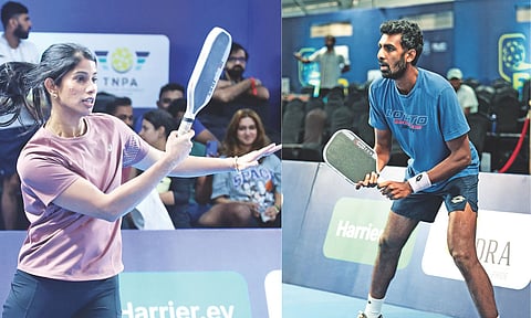 Joshna Chinappa returns a shot during her doubles contest; Prajnesh Gunneswaran at the event