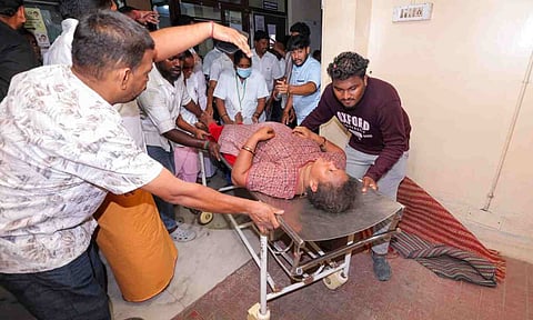 An injured being brought to a hospital after a stampede occurred at TVK chief and actor Vijay's rally, in Karur district, Tamil Nadu, Saturday, Sept. 27, 2025 (PTI) 