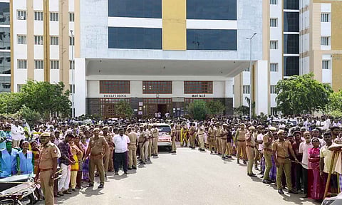 Karur: Police personnel and others at the Government Hospital, where injured persons of a stampede that occurred at actor and TVK chief Vijay's rally on Saturday, in Karur district, Tamil Nadu (PTI)