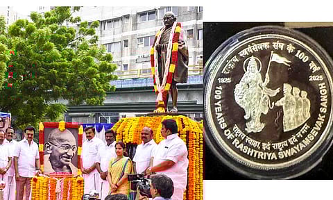 Tamil Nadu Chief Minister MK Stalin and others after paying tribute to Mahatma Gandhi on his birth anniversary; Commemorative coin released to mark the centenary year of the Rashtriya Swayamsevak Sangh (PTI) 