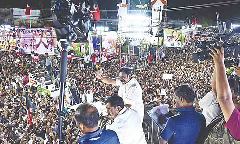 AIADMK general secretary Edappadi Palaniswami addressing a public meeting at Pappireddipatti in Dharmapuri on Thursday 