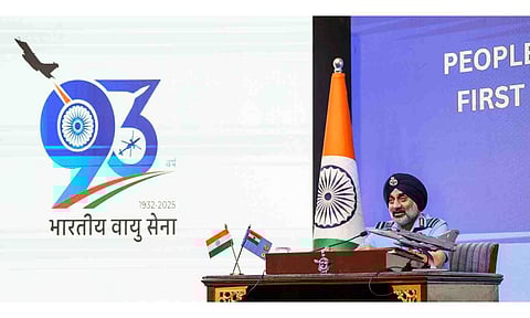 Chief of the Air Staff Air Chief Marshal Amar Preet Singh addresses a press conference, in New Delhi, Friday, Oct. 3, 2025 (PTI) 