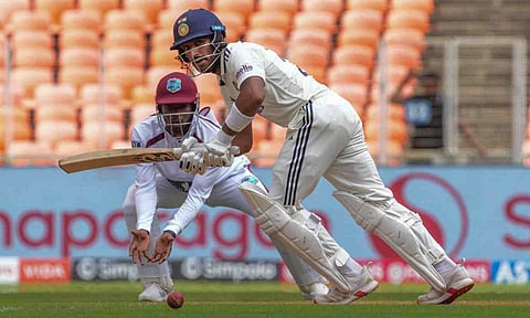 India's Dhruv Jurel plays a shot during the second day of the first Test cricket match between India and West Indies at the Narendra Modi Stadium in Ahmedabad, Gujarat, Friday, Oct. 3, 2025 (PTI) 