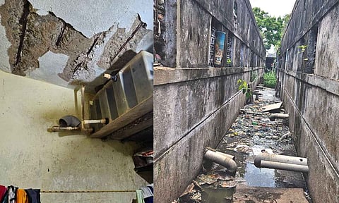 Single-room homes with cracked rooftops andceilings, and a long open sewage line in the Kotturpuram tenement put lives at risk
